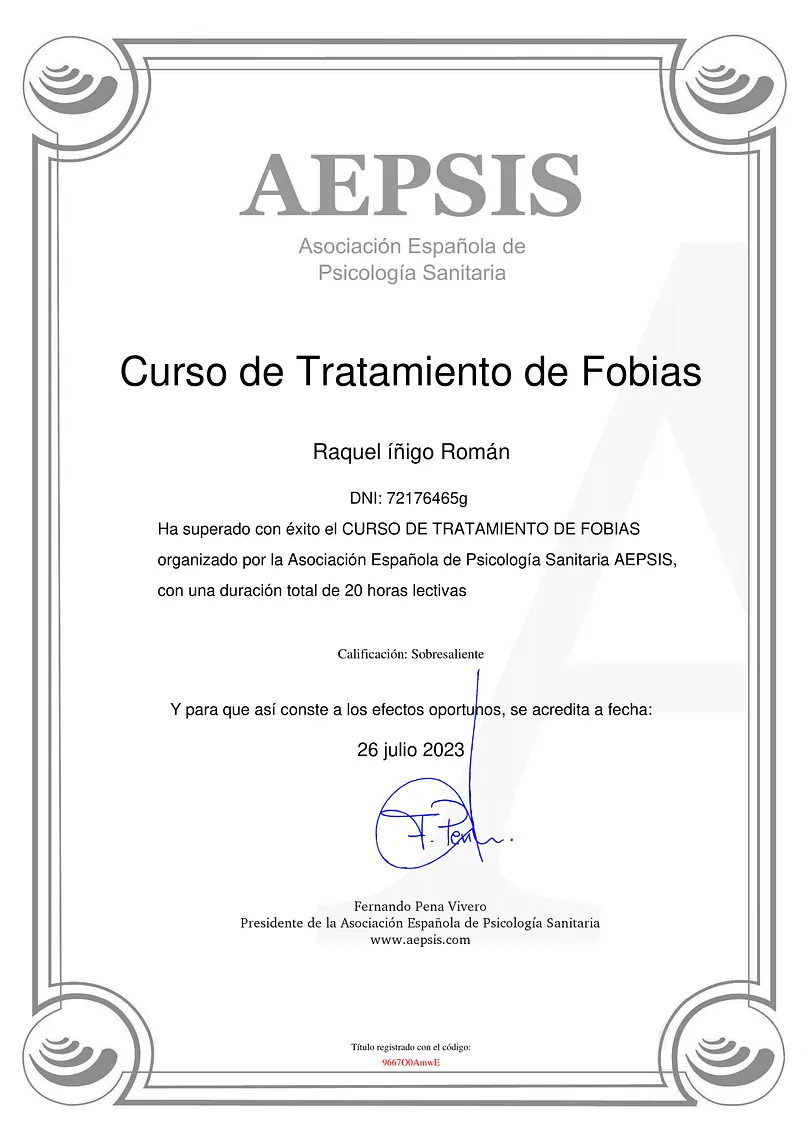 certificado de curso tratamiento de fobias